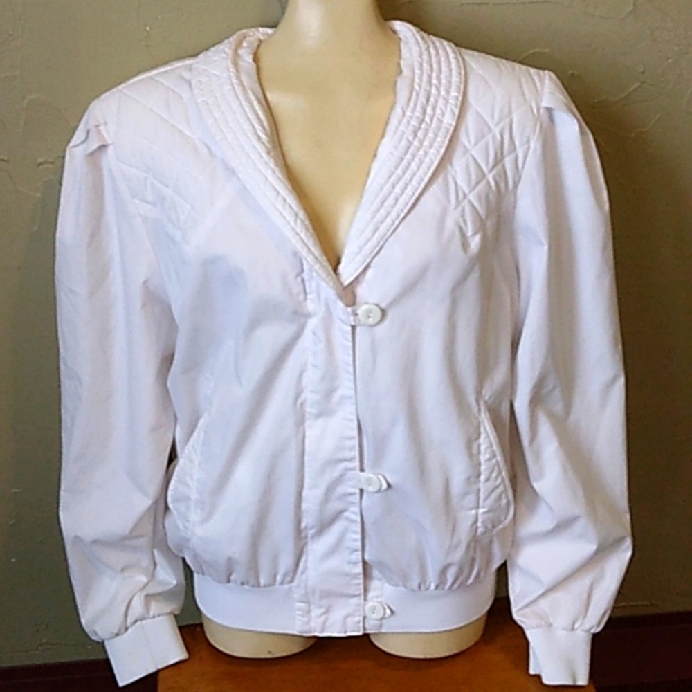 Vintage 1980s V neck Quilted Puff Sleeve Bomber Track Jacket